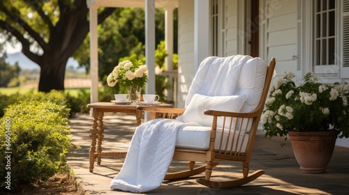 A light wooden rocking chair against the background of a white house. The theme of rest and relaxation. © Boomanoid