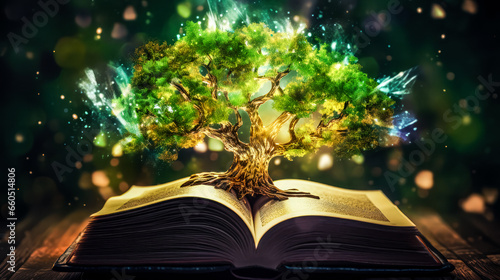 a beautiful magical fairytale green tree of wisdom grows from an open book, a concept of knowledge, a metaphor for imagination and fantasy
