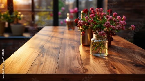 Wooden table in the kitchen with flowers in a glass jar. Blurred background.