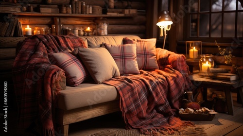 Large soft sofa with pillows and a wool blanket. Interior Design. Symbol of a comfortable life.