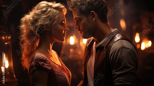 Young couple looking at each other on an abstract blurred background. Man and woman in love. Theme of romance and love.