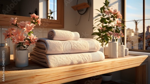 White, clean, neatly folded towels lie on a wooden table against the background of pots with plants. The theme of staying at the hotel is relaxation and comfort.