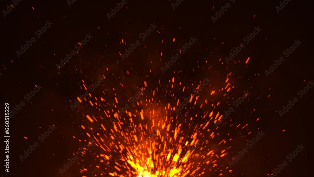 3D animation. Burning red hot sparks rise from large fire seamless loop ...