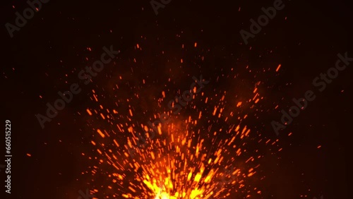 3D animation. Burning red hot sparks rise from large fire seamless loop. Background of bonfire, light and life. Fiery orange glowing flying ember particles on black background