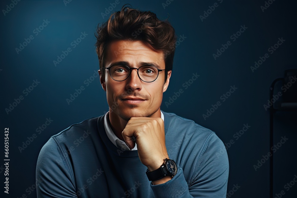 Portrait of a young man with glasses in a studio on a blue background. - obrazy, fototapety, plakaty 
