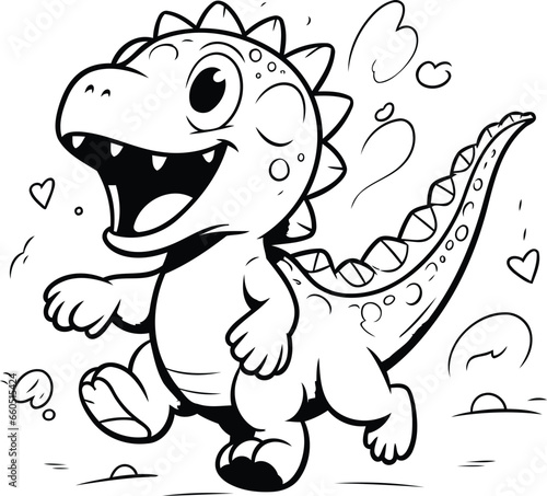 Black and White Cartoon Illustration of Cute Dinosaur Comic Character for Coloring Book © Waqar