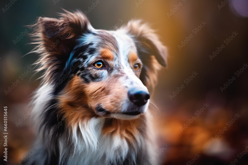 Red tree Australian Shepherd dog, Aussie. Dog portrait