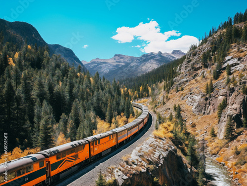 A majestic, lengthy train travels through the rugged Rocky Mountains in a vintage 52 style.