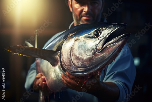 Satisfied fisherman holding tuna fish photo