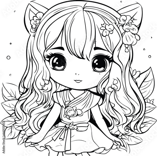 Cute little girl with butterfly wings and flowers. Black and white vector illustration.