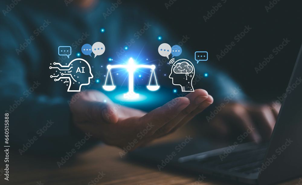 Fototapeta premium AI ethics or AI Law concept. Developing AI codes of ethics. Compliance, regulation, standard , business policy and responsibility for guarding against unintended bias in machine learning algorithms.