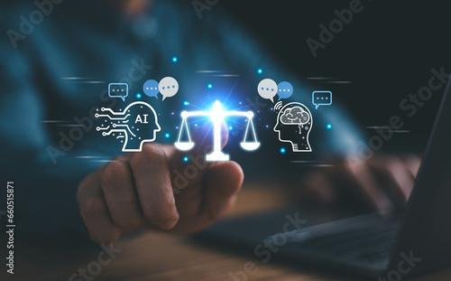 AI ethics or AI Law concept. Developing AI codes of ethics. Compliance, regulation, standard , business policy and responsibility for guarding against unintended bias in machine learning algorithms.