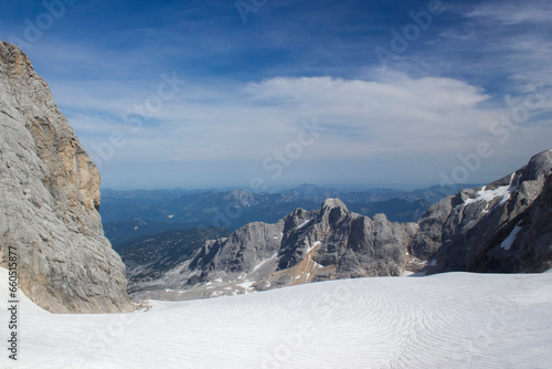 Panorama of massive Alpine mountains. Landscape in the Austrian Alps of the Dachstein region