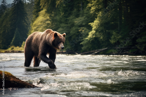 Raw power and determination of a grizzly bear as it patiently waits for salmon to swim upstream and make their way into its paws