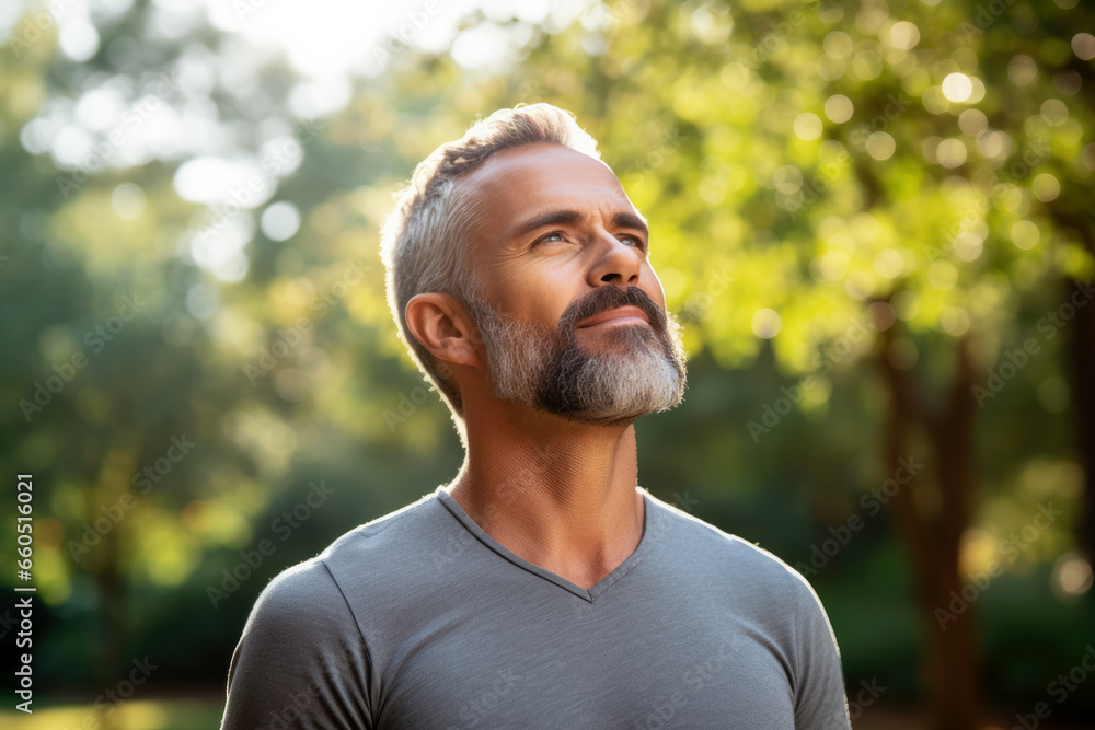 Man breathing fresh air in nature Man breathing fresh air in nature
