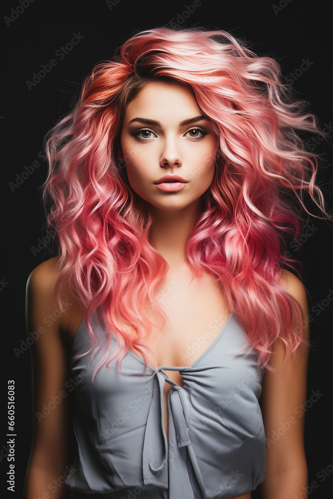 Captivating woman with vibrant pink hair in minimalistic haute couture dress showcasing audacious elegance. Captivating woman with vibrant pink hair in minimalistic haute couture dress showcasing audacious elegance.