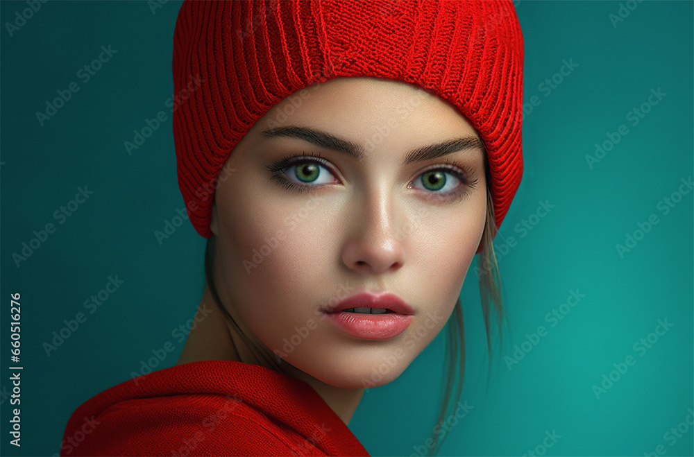 A studio portrait of a female fashion model wearing a bright red stocking cap and sweater and standing in front of a green backdrop. A young woman with perfect skin wearing natural makeup. A studio portrait of a female fashion model wearing a bright red stocking cap and sweater and standing in front of a green backdrop. A young woman with perfect skin wearing natural makeup.