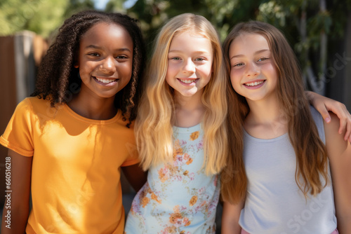 Three girls posing outdoors in the sun.