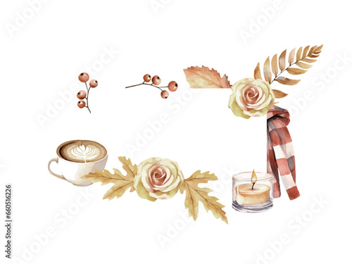 Watercolor vector herbarium frame with flowers, forest leaves and berries, coffee, scarf, candle. Template for greeting cards, invitation, autumn mood decoration, save the date, wedding, greeting card