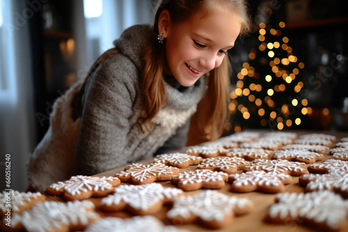 Girl looking at ready for eat Gingerbread Cookies