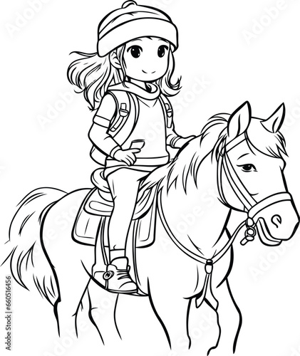 Cute little girl riding a horse. Black and white vector illustration for coloring book