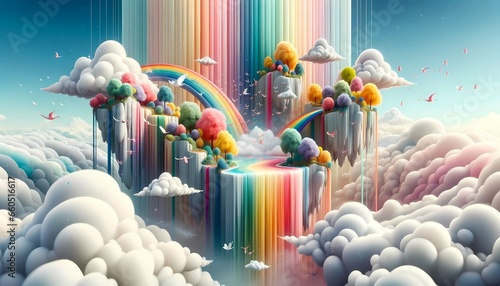 An abstract cascade of rainbow waterfalls flowing from floating islands. Fluffy clouds, prismatic birds soar above, creating a whimsical paradise where imagination knows no bounds.