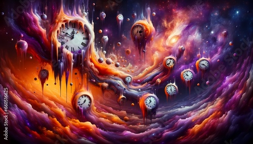 Abstract representation of time, with melting clocks floating in a surreal sky filled with vibrant nebulae and swirling vortexes. 