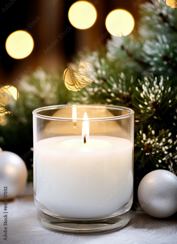 white candle in glass against the background of a Christmas tree and decorations white candle in glass against the background of a Christmas tree and decorations