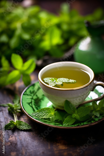 Tea cup with fresh mint leaves