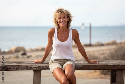 smiling attractive older woman in white t-shirt sitting against the background of the sea photo
