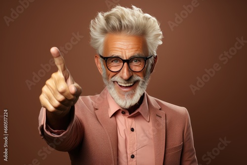 Senior man with grey hair wearing casual jacket and glasses with a big smile on face, pointing with hand and finger to the side looking at the camera.