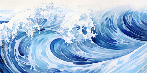  Blue and White Sea Wave in Decorative Abstract Graffiti Style Watercolor Serenity