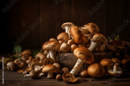 Autumnal pile of porcini mushrooms on wooden background. Generative AI