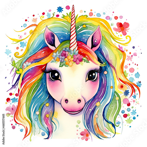 Enchanting Unicorn with Rainbow   Colorful Watercolor PNG