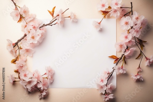 Frame adorned with beautiful Japanese cherry blossoms surrounding a blank design space. Generative AI