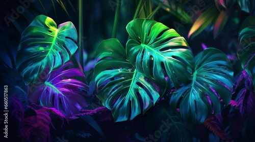 Tropical leaves and monstera in neon light. Generation AI