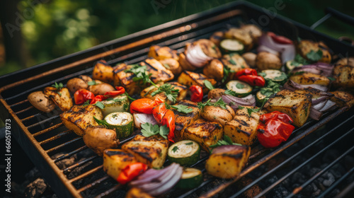grilled meat and vegetable on the grill Generative Ai