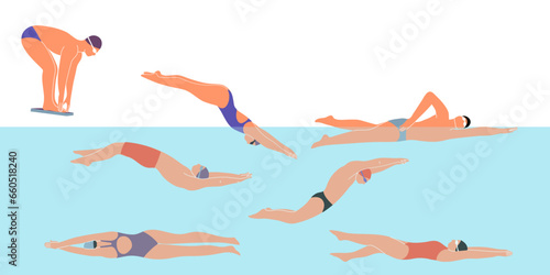 Vector set with swimmers in the pool. Men and women swim in different styles. Flat design