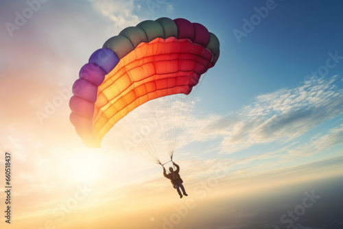 Skydiver flying on colorful parachute