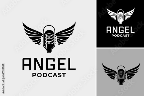 "Angel podcast logo with microphone and wings" is a design asset suitable for creating podcast logos with an angelic theme