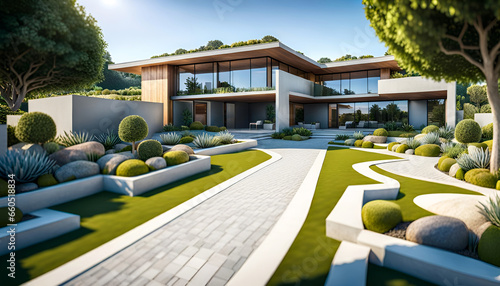 Aménagement d'un jardin minéral devant la maison moderne, avec allée en pavé, bordures et galets, design extérieur, aménagement paysager - IA générative photo