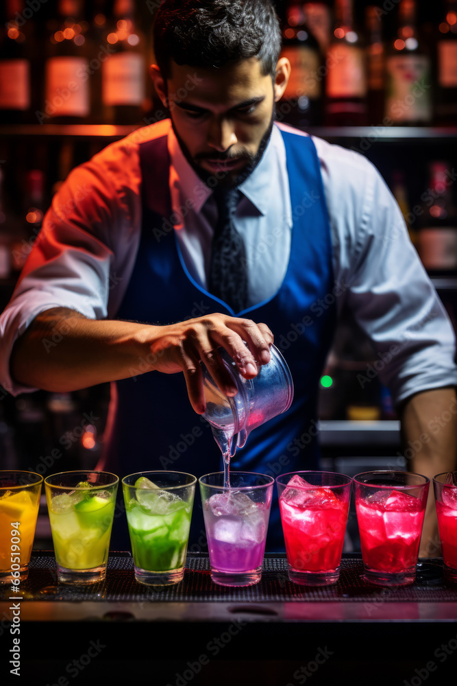 Bartender mixing colorful cocktails