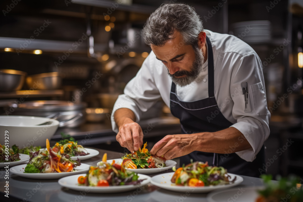 Chef Preparing Gourmet Dishes in the reataurant Chef Preparing Gourmet Dishes in the reataurant