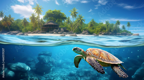 Sea wave on tropical islands, underwater world, turtle. Generation AI