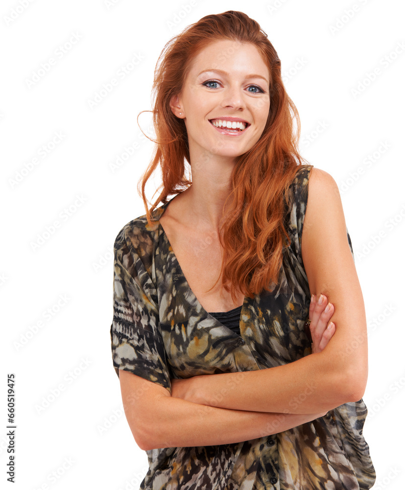 Happy woman, smile and fashion or confidence for natural redhead, beauty or designer style. Female model person, studio white background for elegant clothes, good mood or trendy outfit for summer Happy woman, smile and fashion or confidence for natural redhead, beauty or designer style. Female model person, studio white background for elegant clothes, good mood or trendy outfit for summer