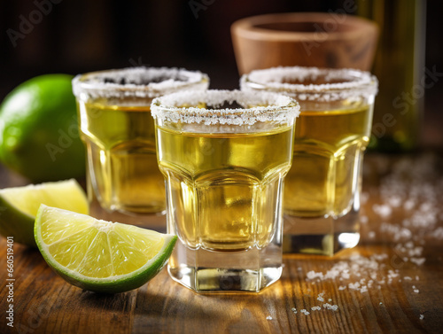 A close-up of four tequila shots with lime wedges and salt, arranged in a stylish manner.
