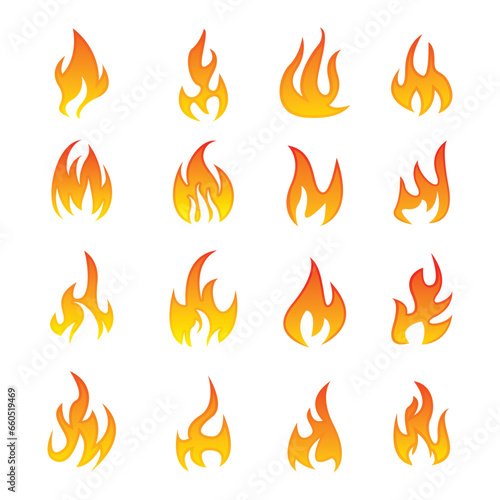Vector set of fire andflame icons colorful flames in the flat style