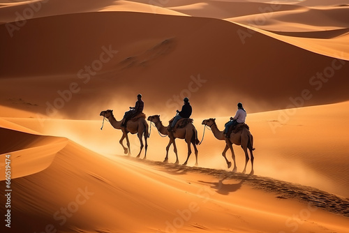 Camel caravan going through the sand dunes in the Sahara Desert, Morocco