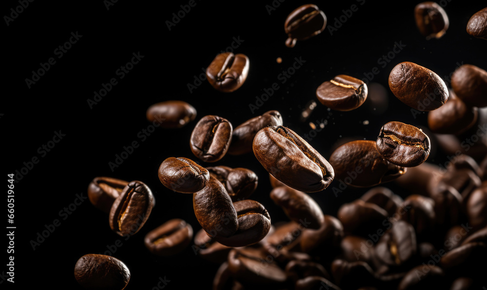 Obraz premium coffee beans dropping with dark background