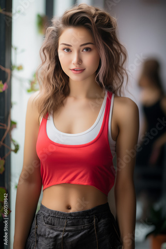 Stunning and beautiful young teen wearing top tanks posing in front of camera. Modeling concept